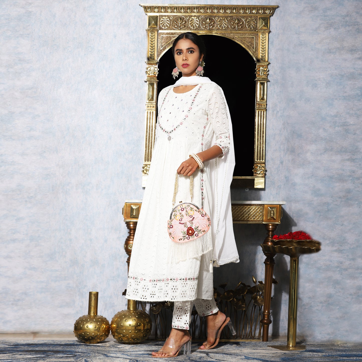 White Schiffi embroidery Hand Work Suit