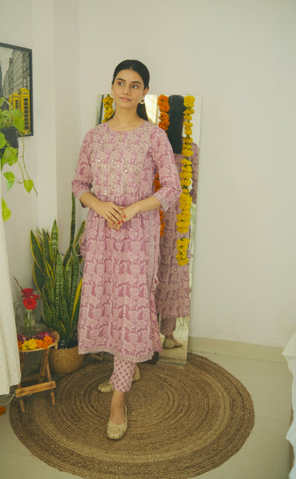 Hand Block Printed Purple Cotton Kurta Suit